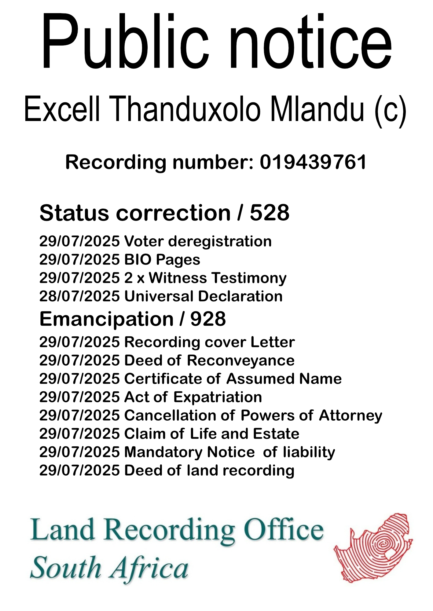 Public Notice Excell Thanduxolo Mlandu Recording Number 019439761